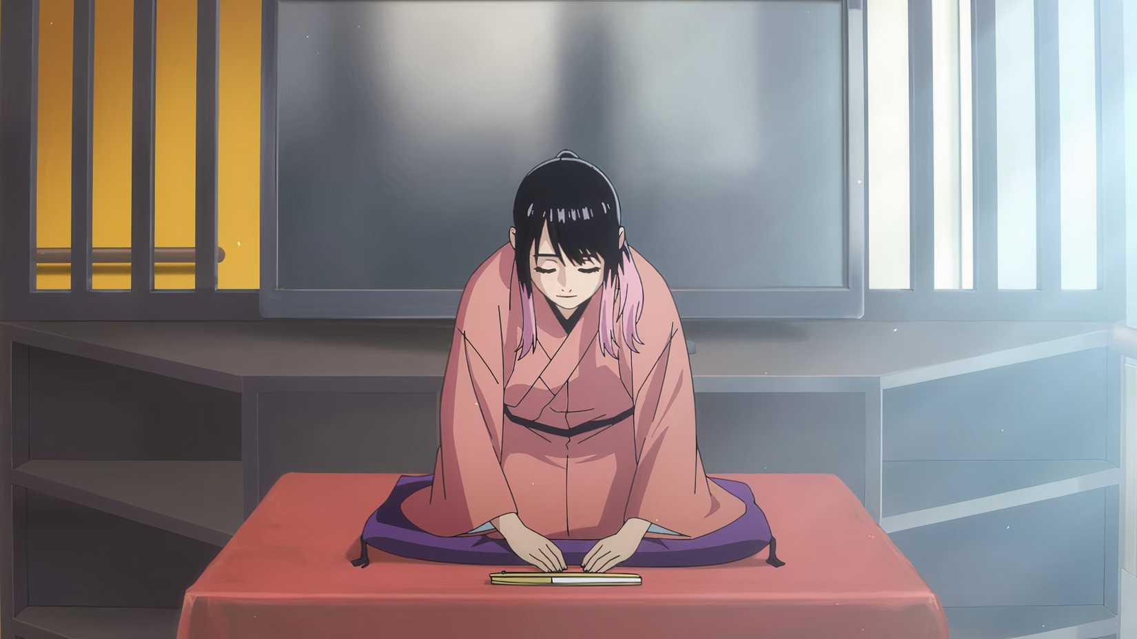 Akane Osaki s'incline lors d'une représentation de rakugo dans la série animée Akane-banashi