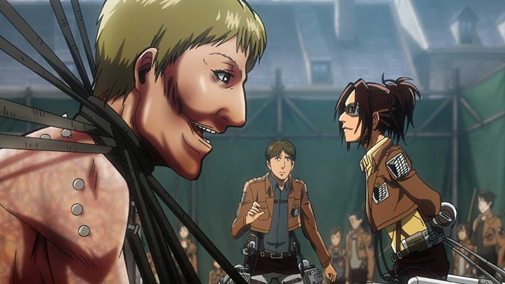 Hange and a titan in Attack on Titan anime