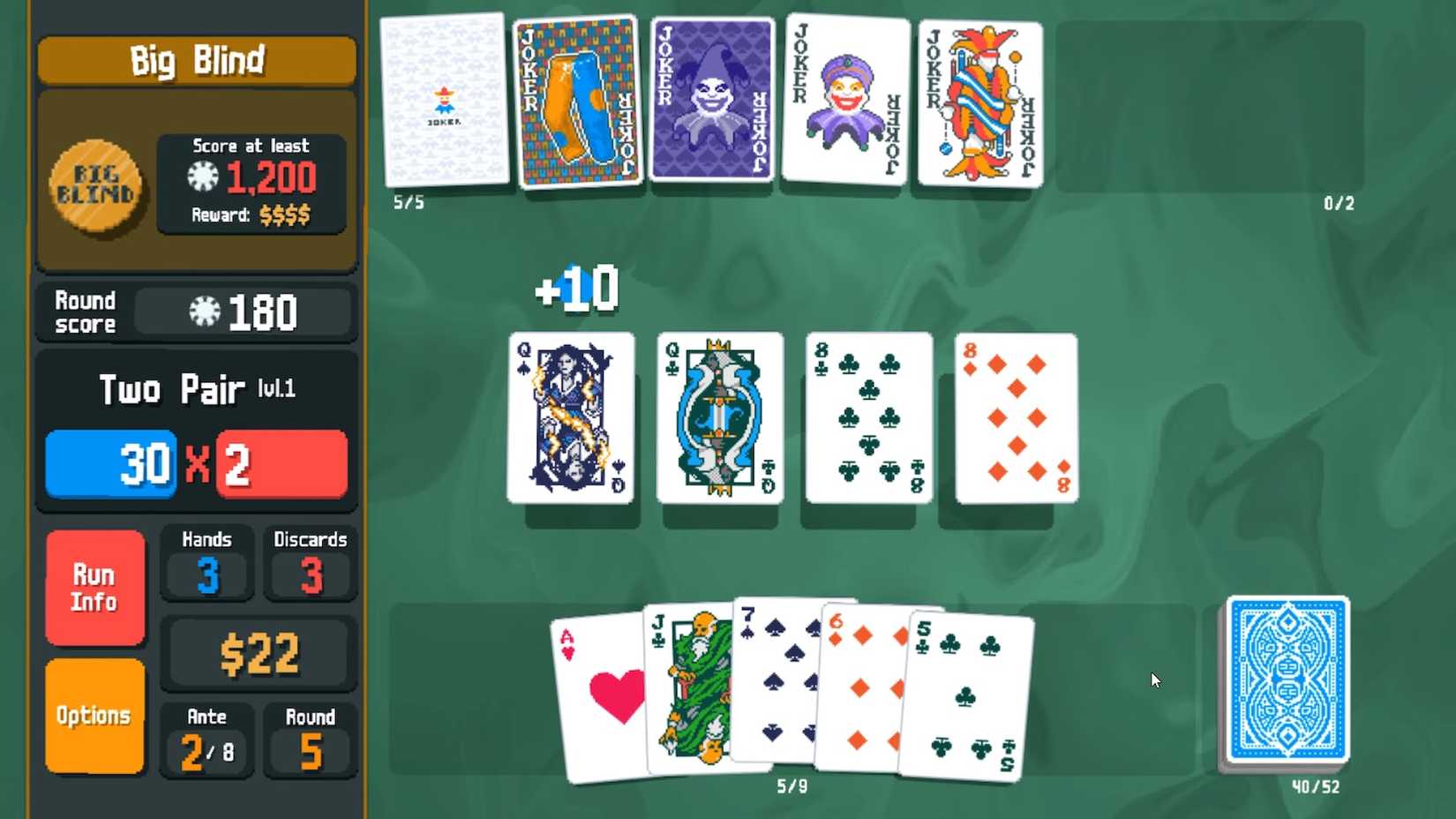 Tangkapan layar Balatro yang menampilkan gameplay di Big Blind, menampilkan sejumlah Joker yang sedang bermain saat pemain memainkan Two Pair.