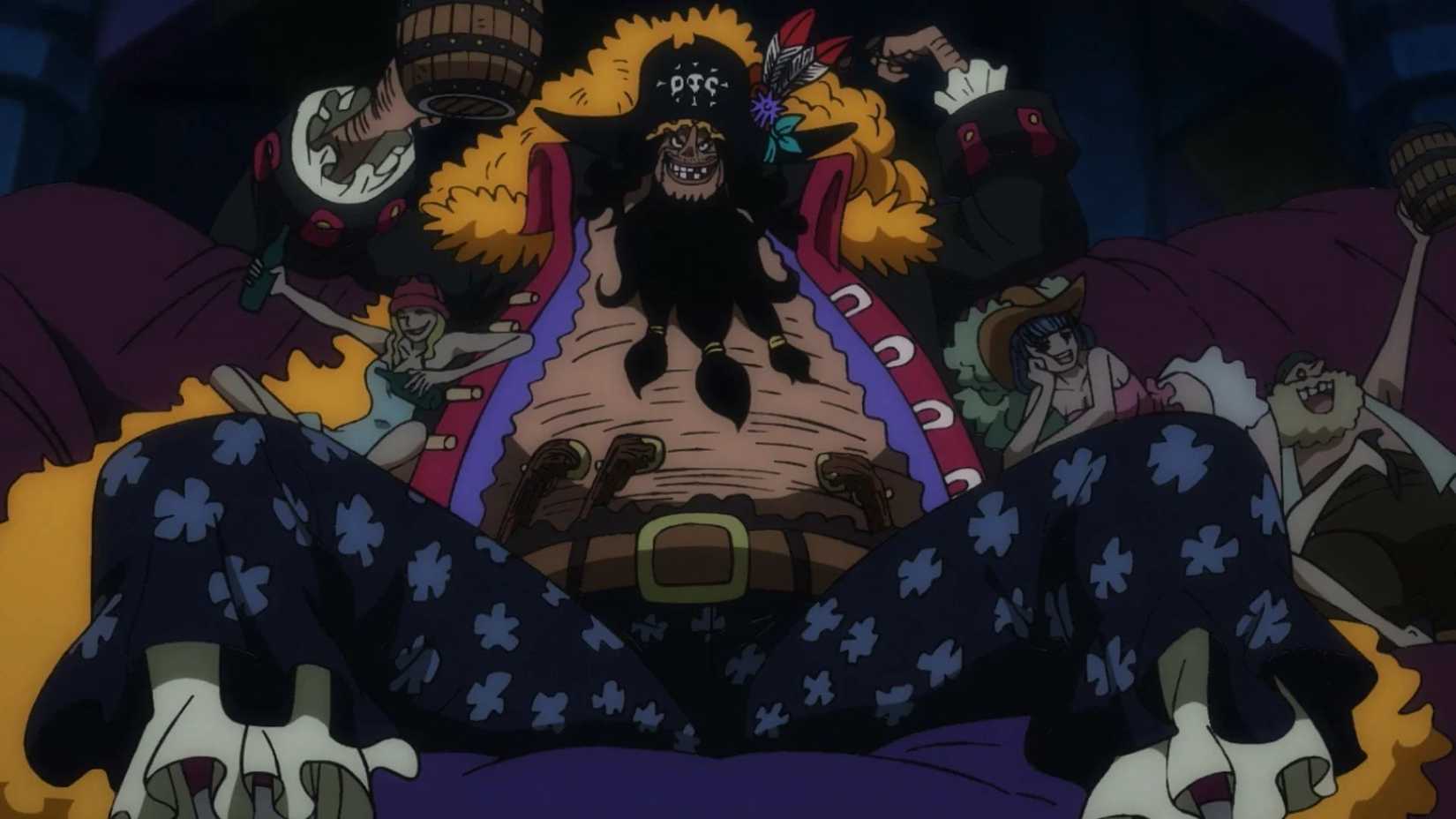 Barbe Noire buvant avec des femmes et les pirates de Barbe Noire dans One Piece