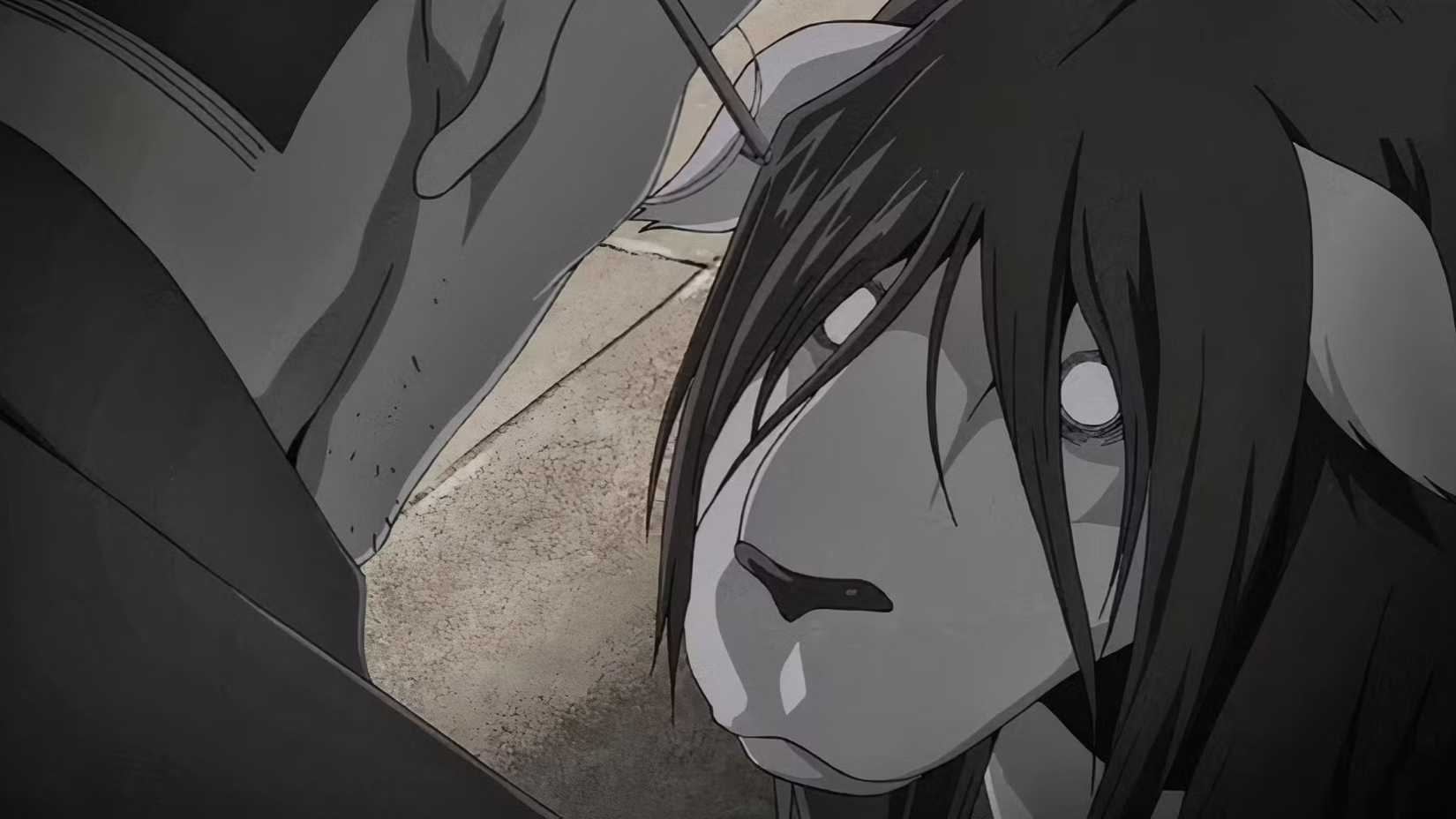 Chimera Nina regarde Shou Tucker dans l'anime Fullmetal Alchemist: Brotherhood.