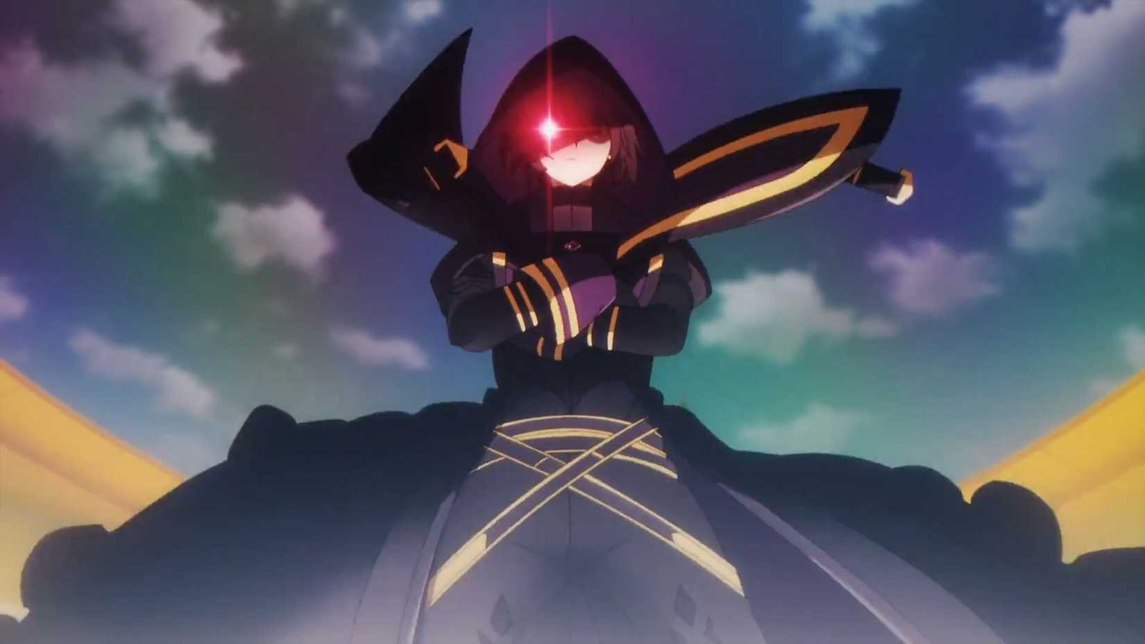 Cid thinking of himself as a mighty leader with his one eye glowing red in The Eminence in Shadow.