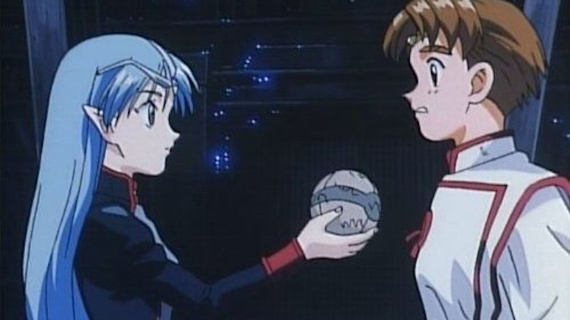 Lafiel with a smile on her face while she hands off an orb to a nervous-looking Jinto in Crest of the Stars.