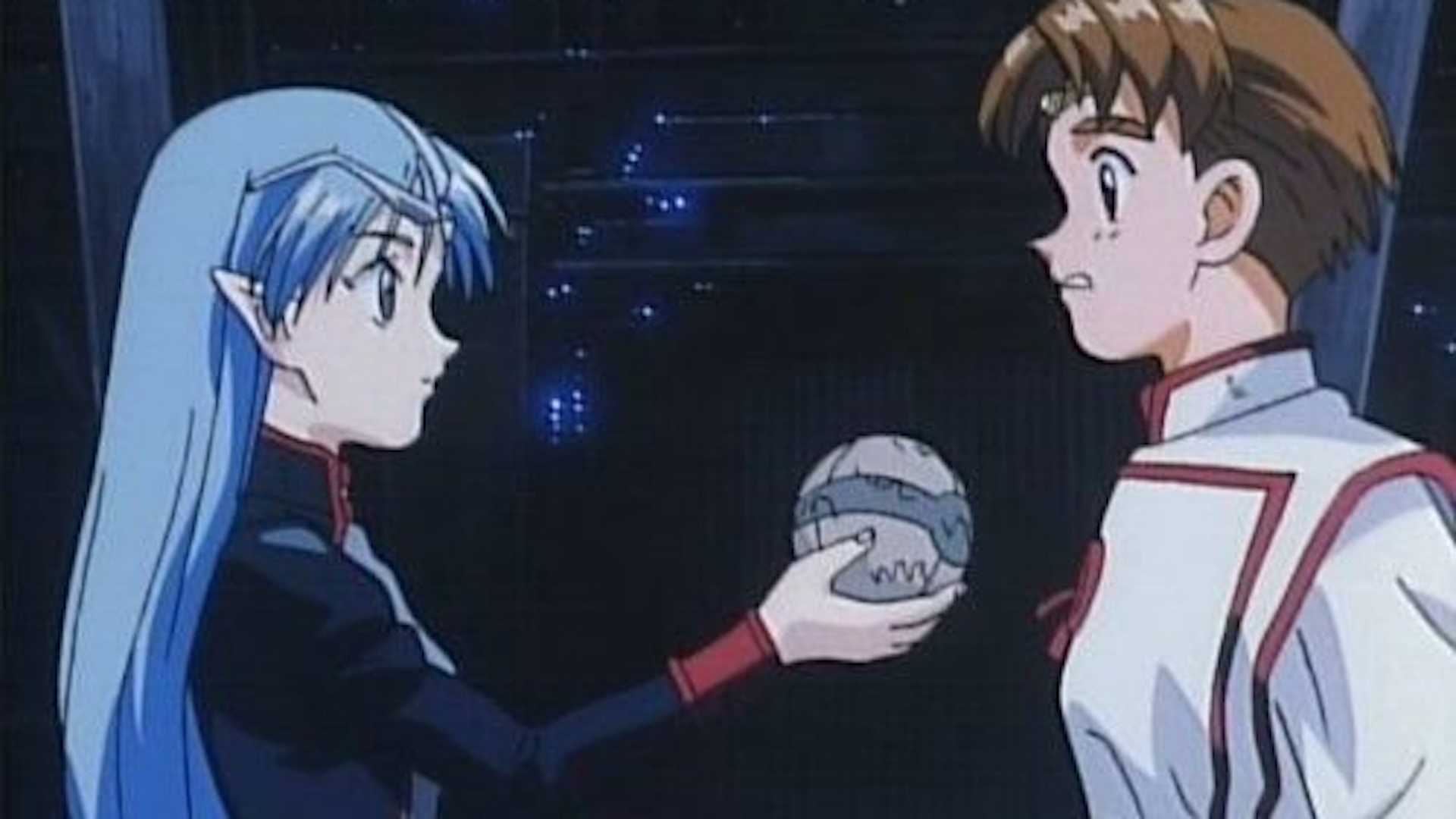 Lafiel with a smile on her face while she hands off an orb to a nervous-looking Jinto in Crest of the Stars.