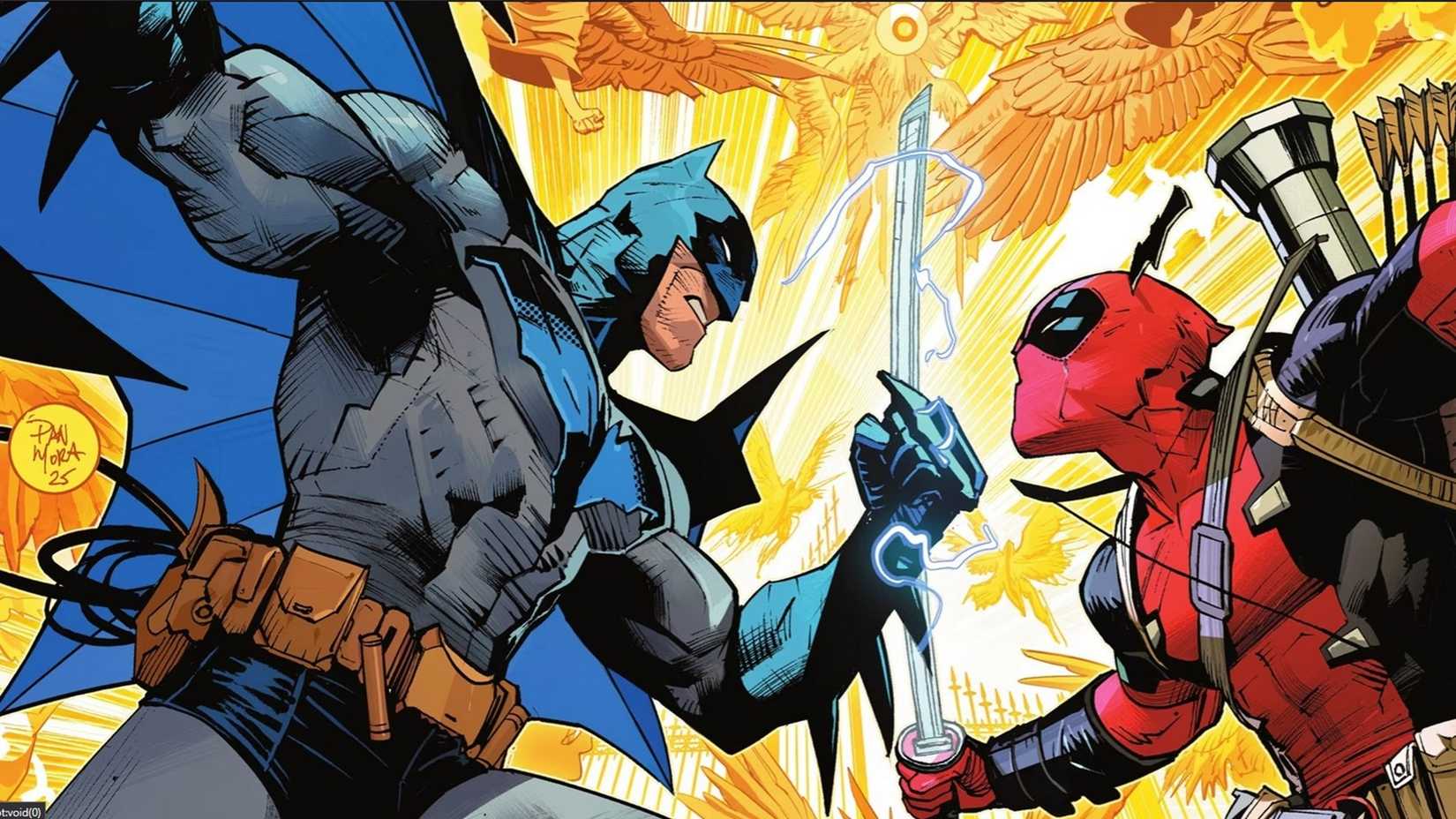 DC/Marvel: Batman / Deadpool Cover showing Batman wielding electric gauntlets and Deadpool wielding an energy katana as they square off