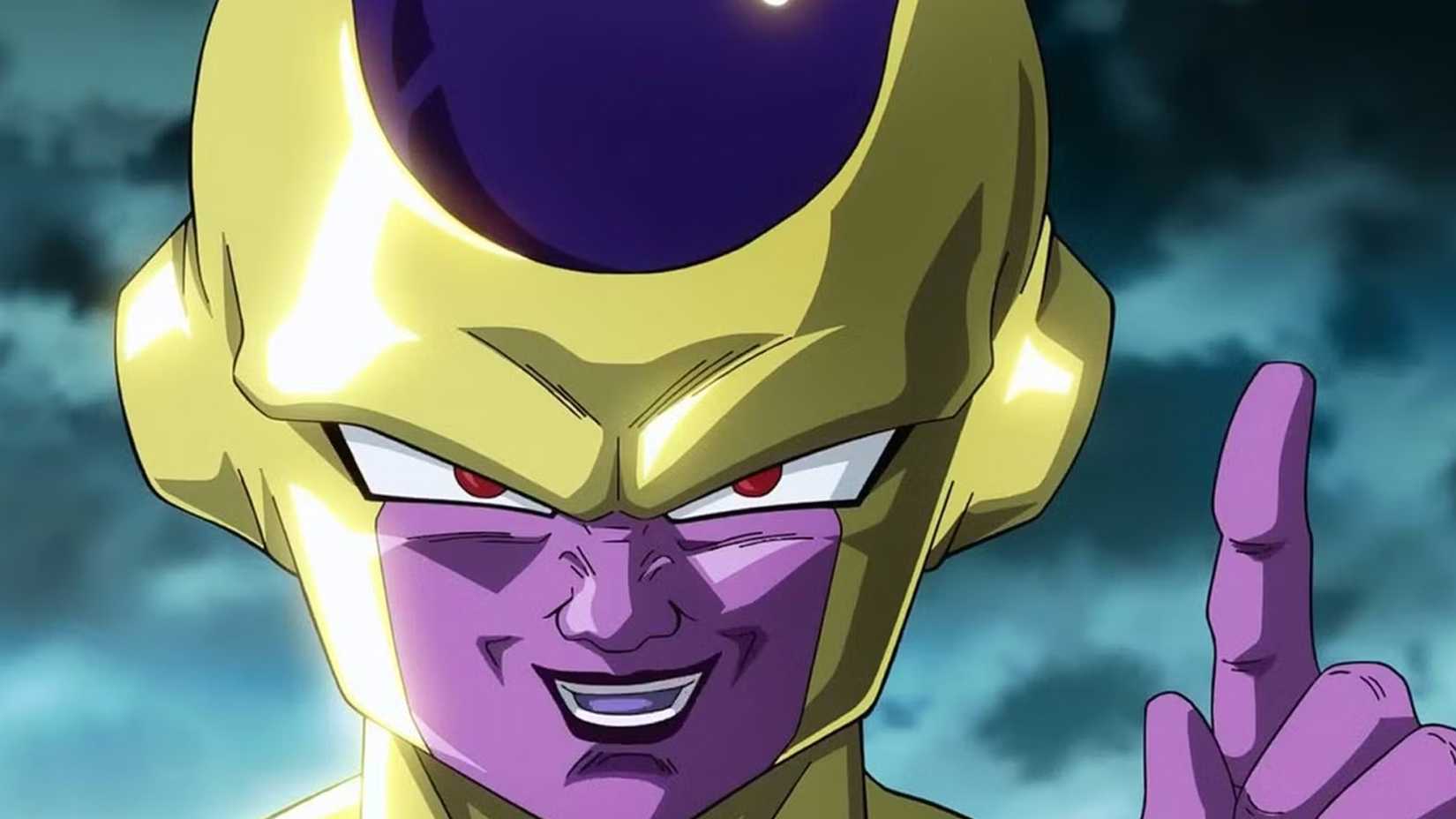 Dragon Ball's Frieza grinning wickedly and pointing upward