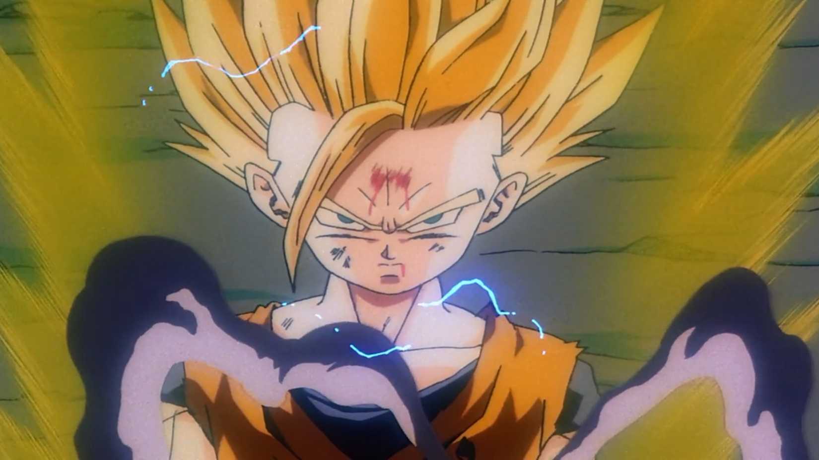 An angry Gohan advances on Bojack after transforming into his Super Saiyan 2 form in Dragon Ball Z: Bojack Unbound