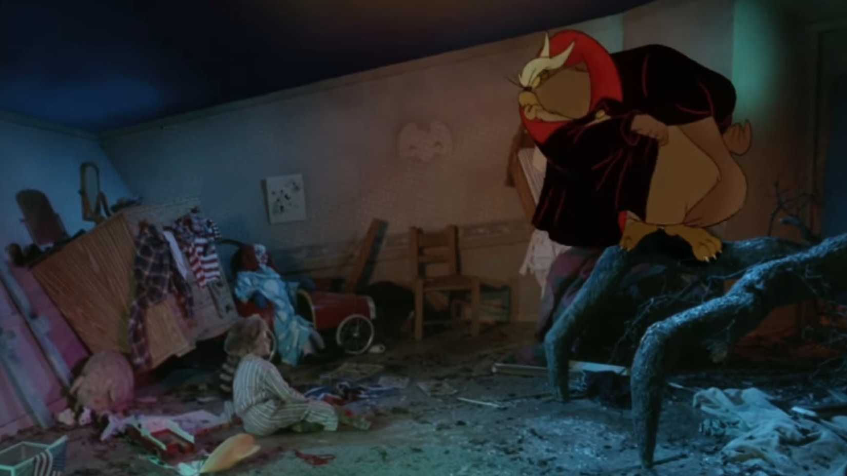 Edmund confronted by Duke in Rock-a-Doodle