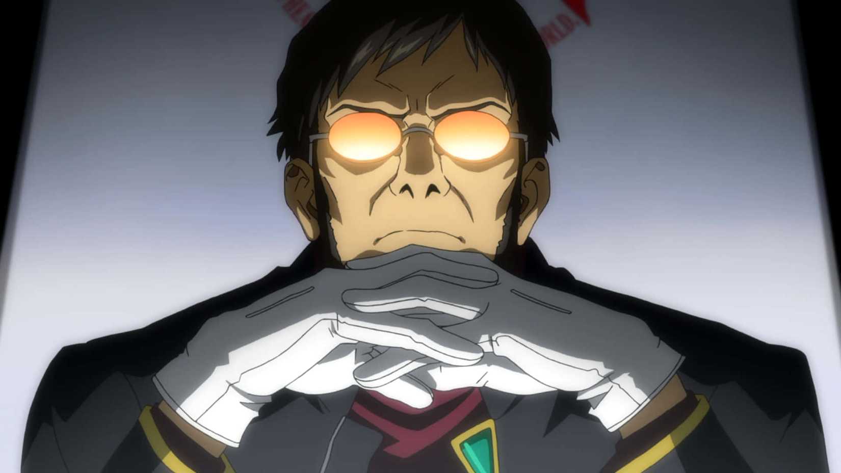 Gendo Ikari sits sternly with hands folded in Neon Genesis Evangelion