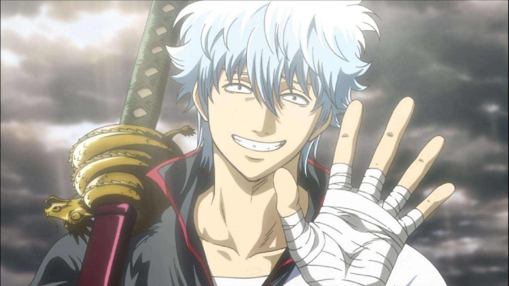 Sakata Gintoki saluant et souriant dans Gintama