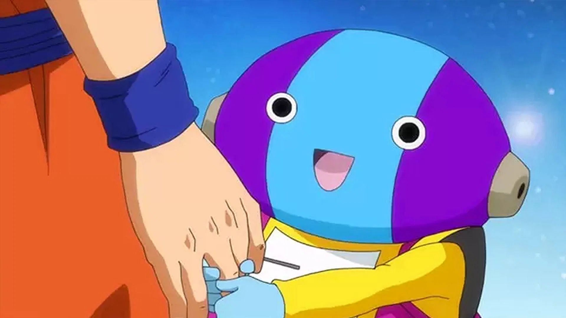 Omni-King Zeno pulls on Goku's arm in Dragon Ball Super.