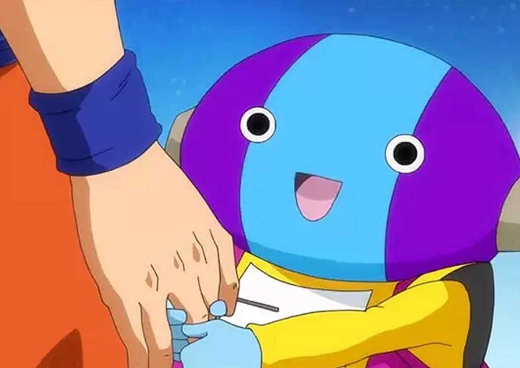 Omni-King Zeno pulls on Goku's arm in Dragon Ball Super.