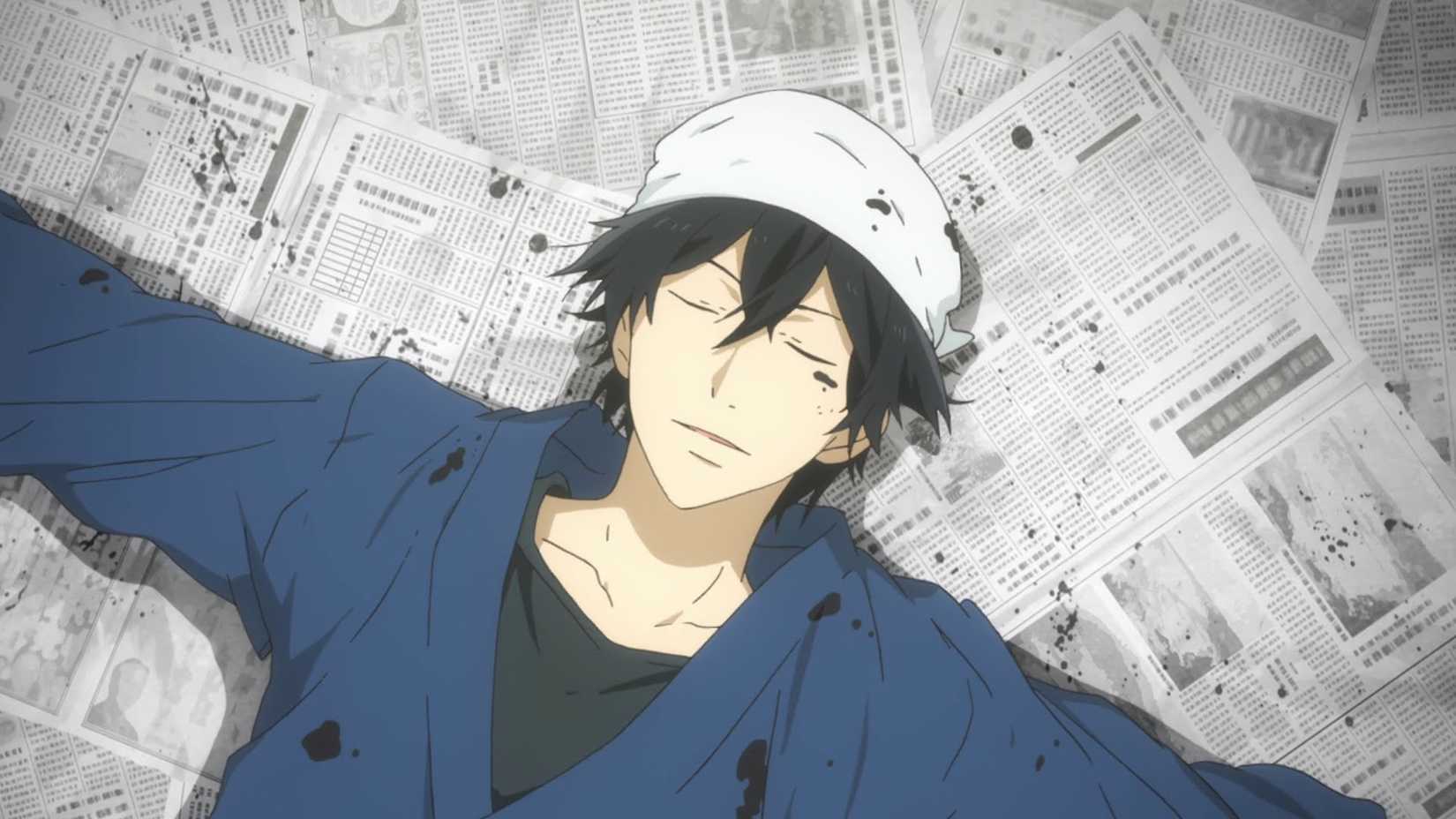 Handa resting on top of newspaper after a session of calligraphy in Barakamon.