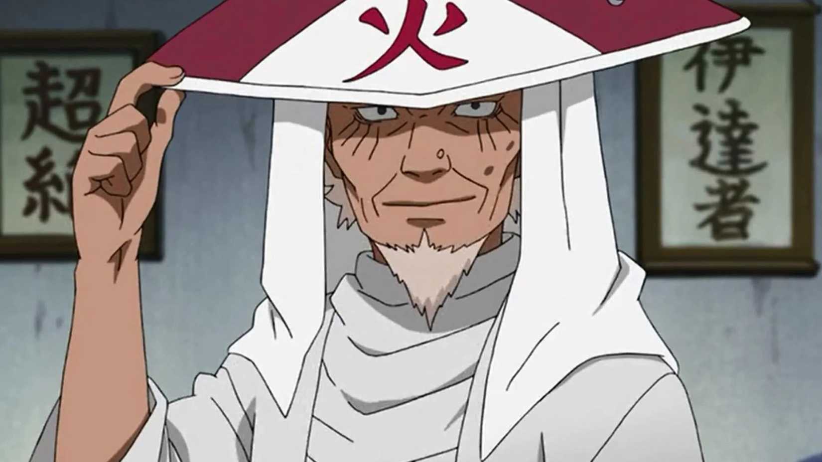 Hiruzen Sarutobi, le troisième Hokage, tire son chapeau dans l'anime Naruto