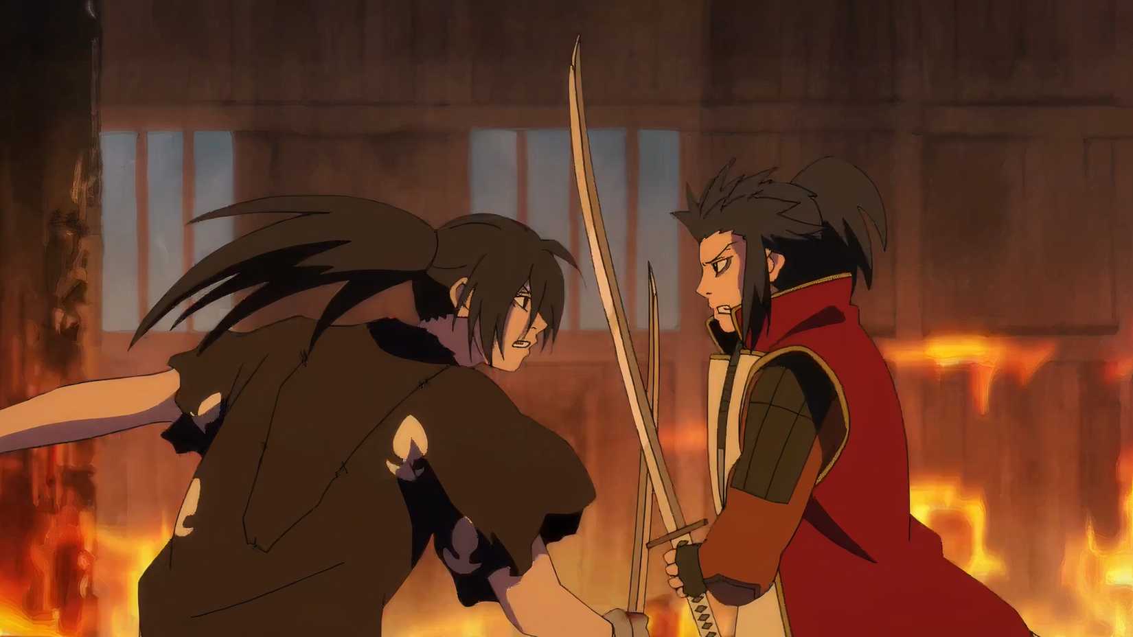Hyakkimaru combat Tahomaru dans un bâtiment en feu dans le dernier épisode de Dororo.
