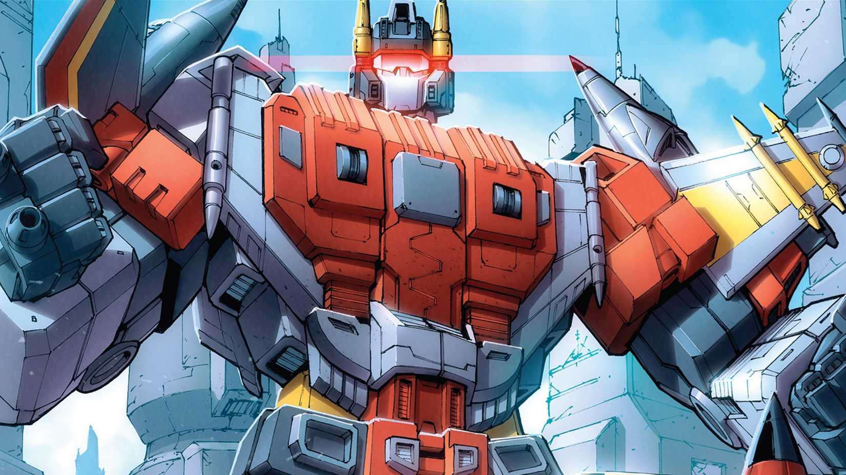 Transformers Combiner Wars cover showing Superion standing tall above the skyscrapers of Cybertron