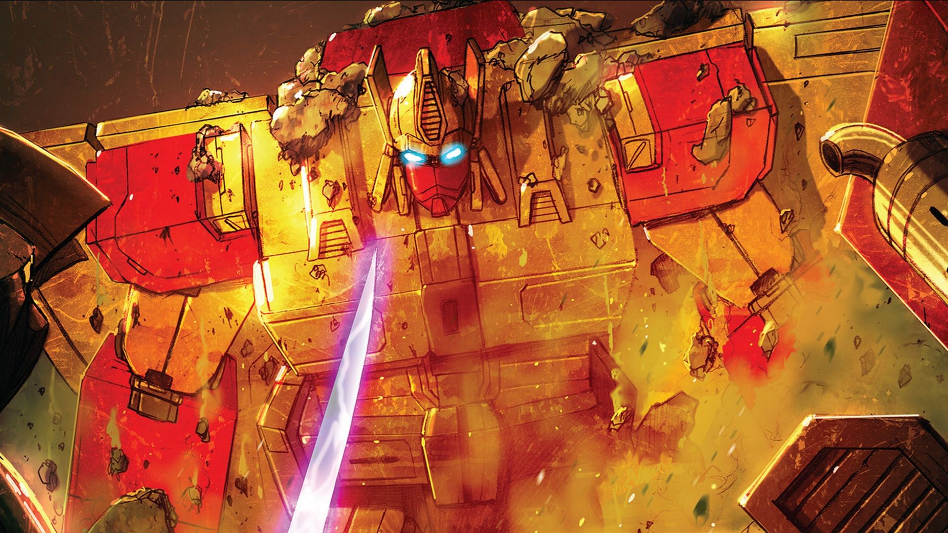 Transformers: Titans Return cover showing Autobot Sentinel Prime awakening, wielding a blade while getting ready to fight.