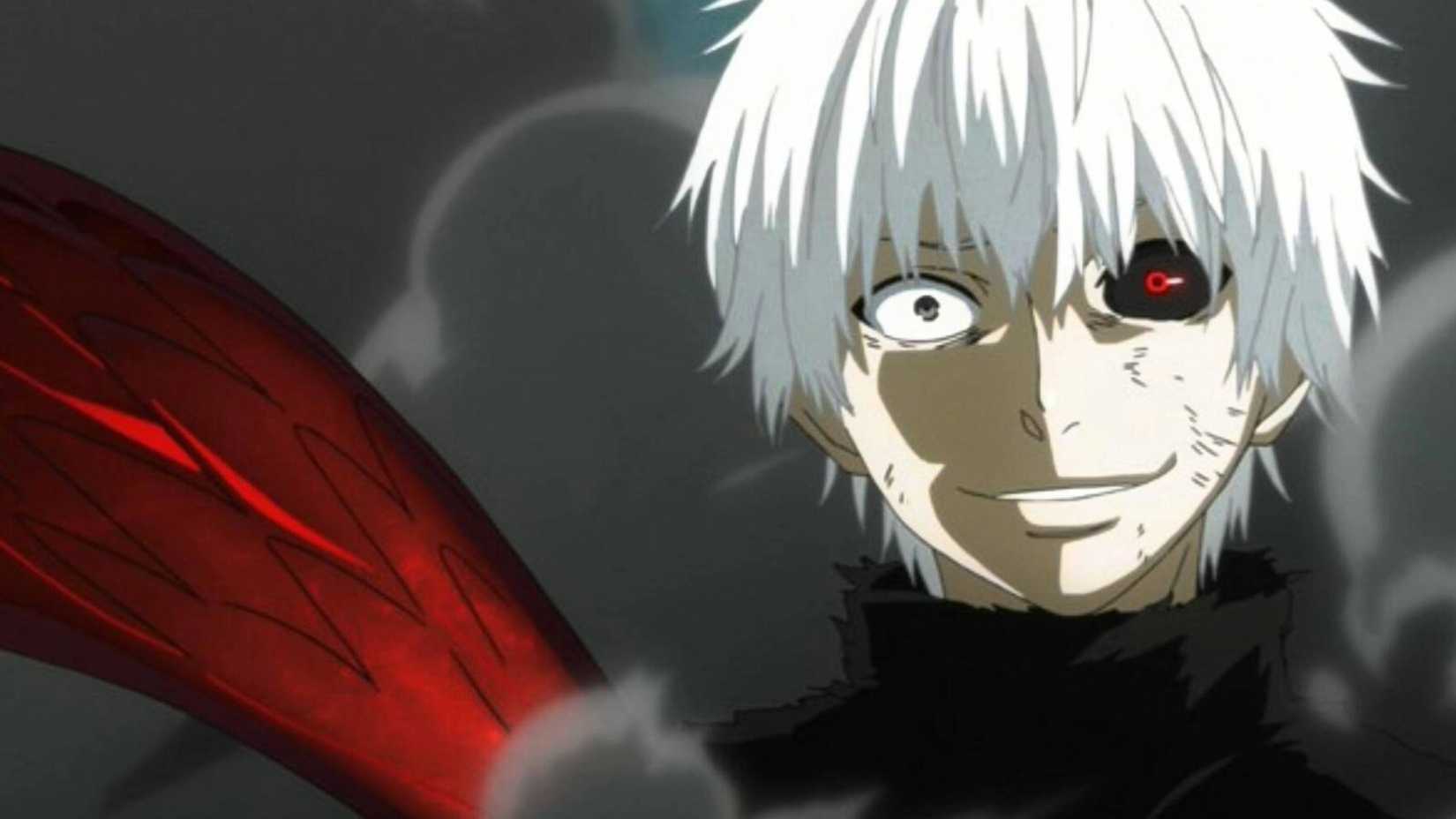 Kaneki Ken souriant sous forme de goule dans l'anime Tokyo Ghoul