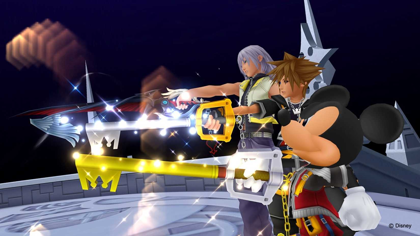 Kingdom Hearts II screenshot of Sora and Mickey with keyblades
