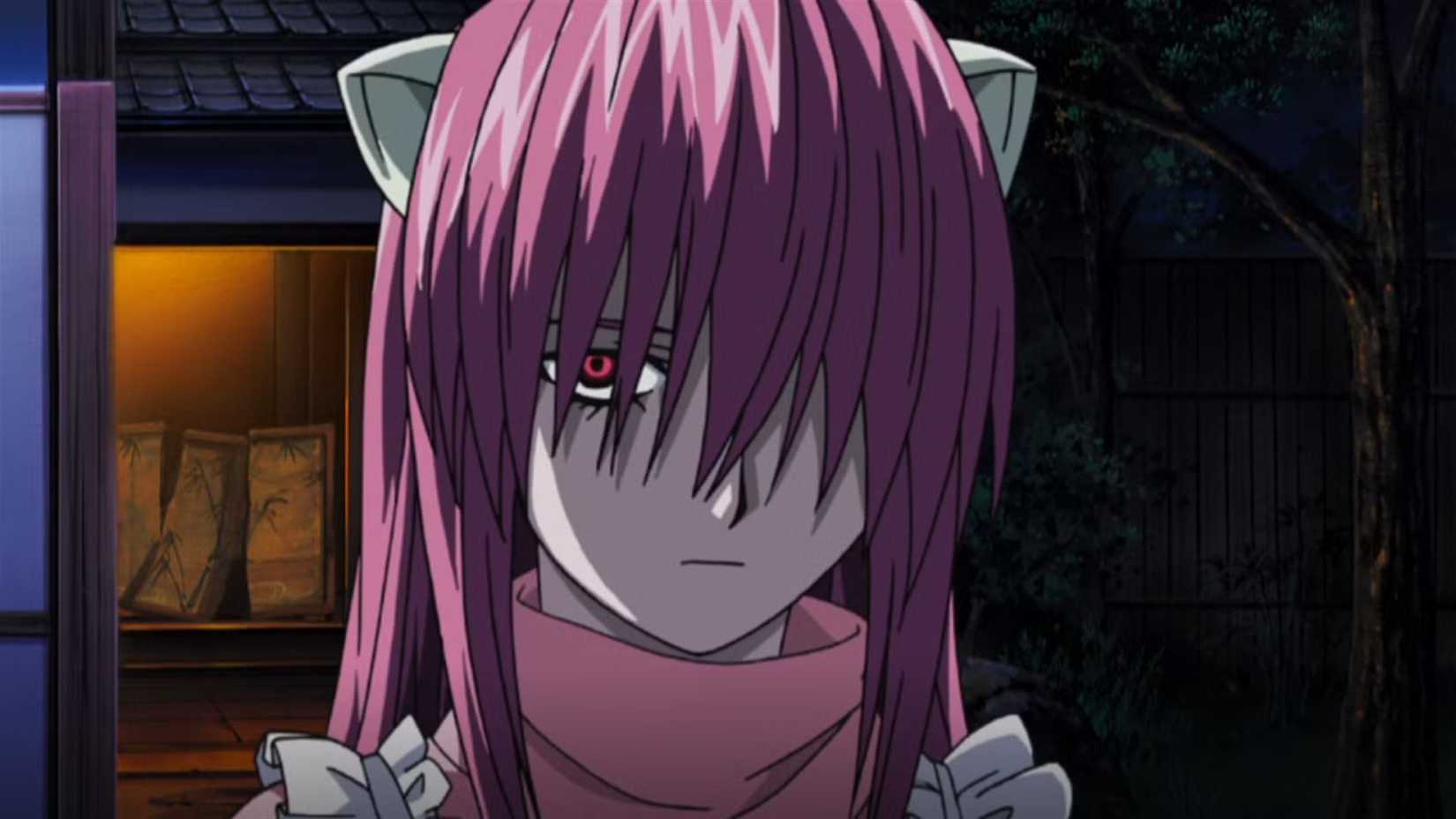 Lucy gives a sinister look in Elfen Lied anime.