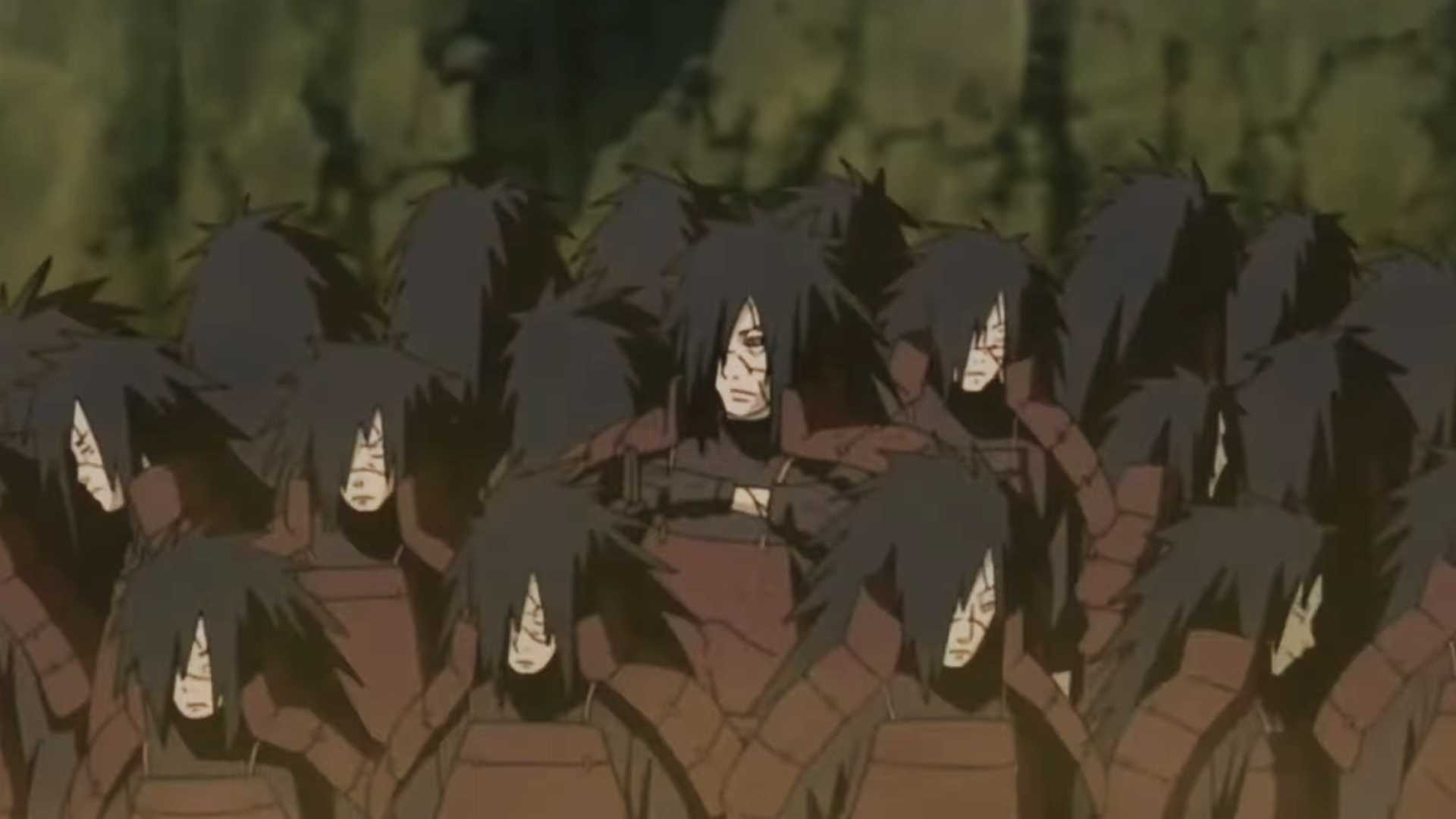 Madara Uchiha summoning shadow clones against the Five Kage