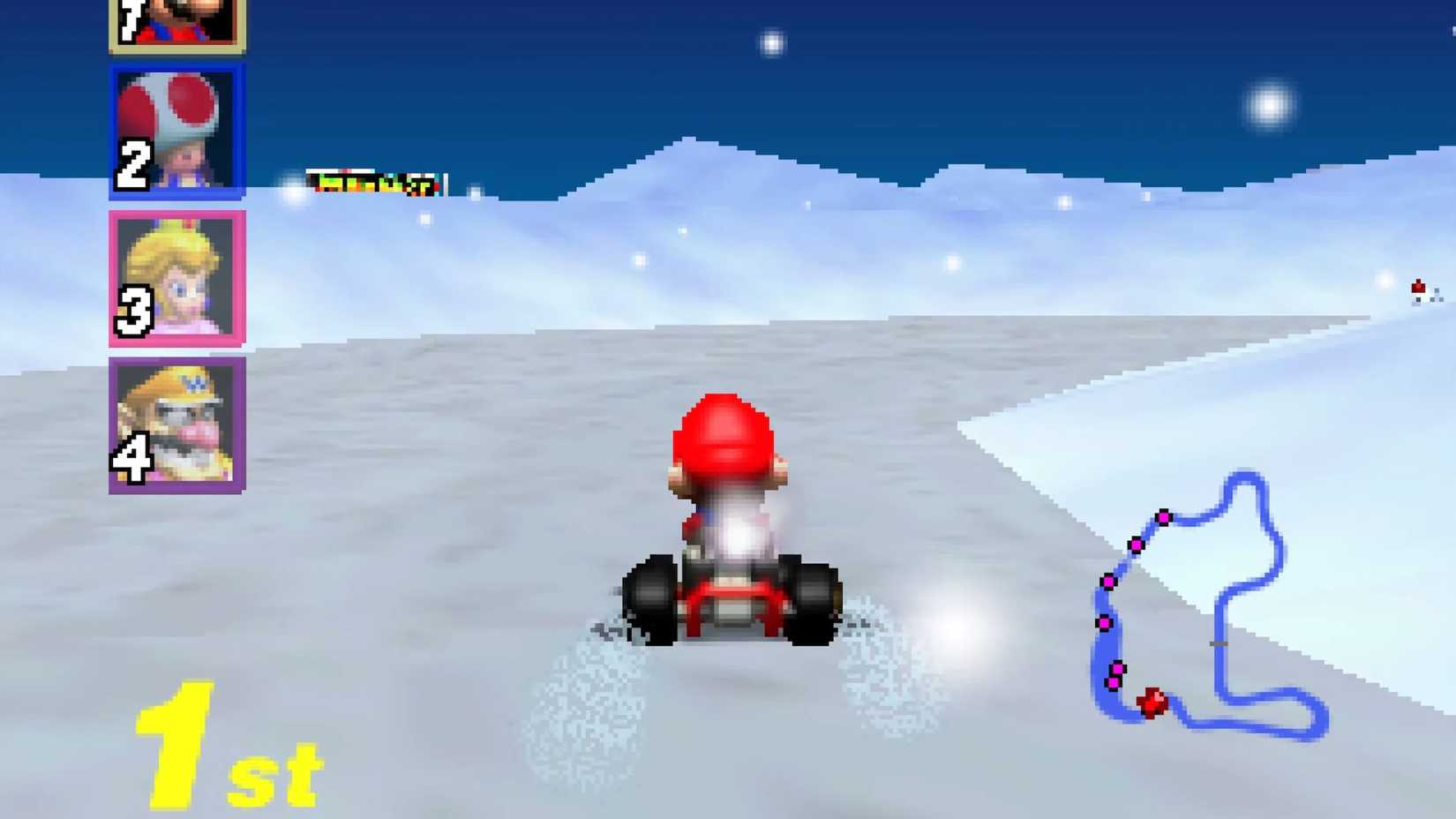 A Mario Kart 64 screenshot showing Mario racing on the Frappe Snowland course