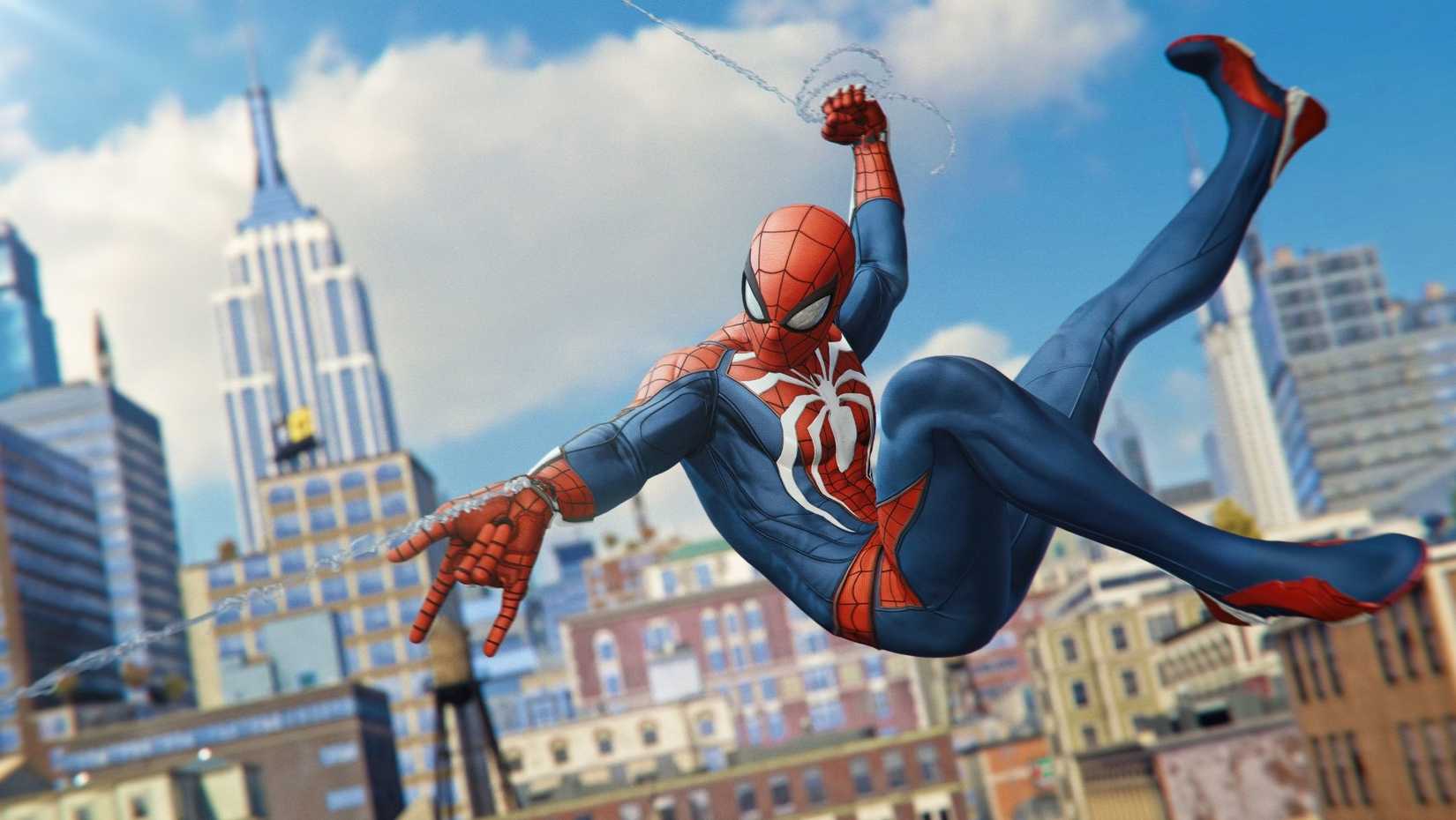 Marvel's Spider-man ps4 screenshot of spider-man swinging through New York City