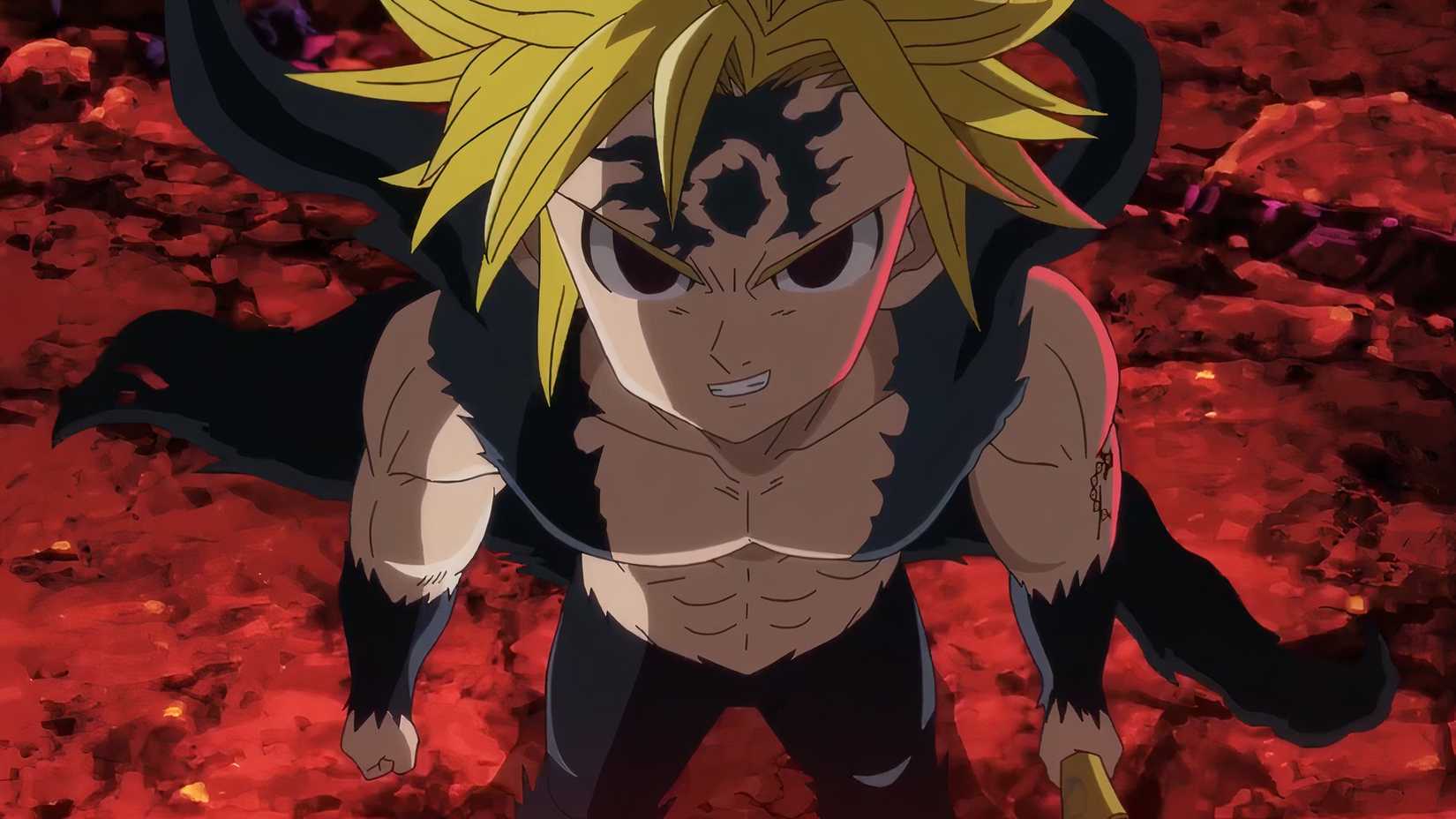 Meliodas dans son mode Assaut, avec un sourire narquois sur le visage dans The Seven Deadly Sins