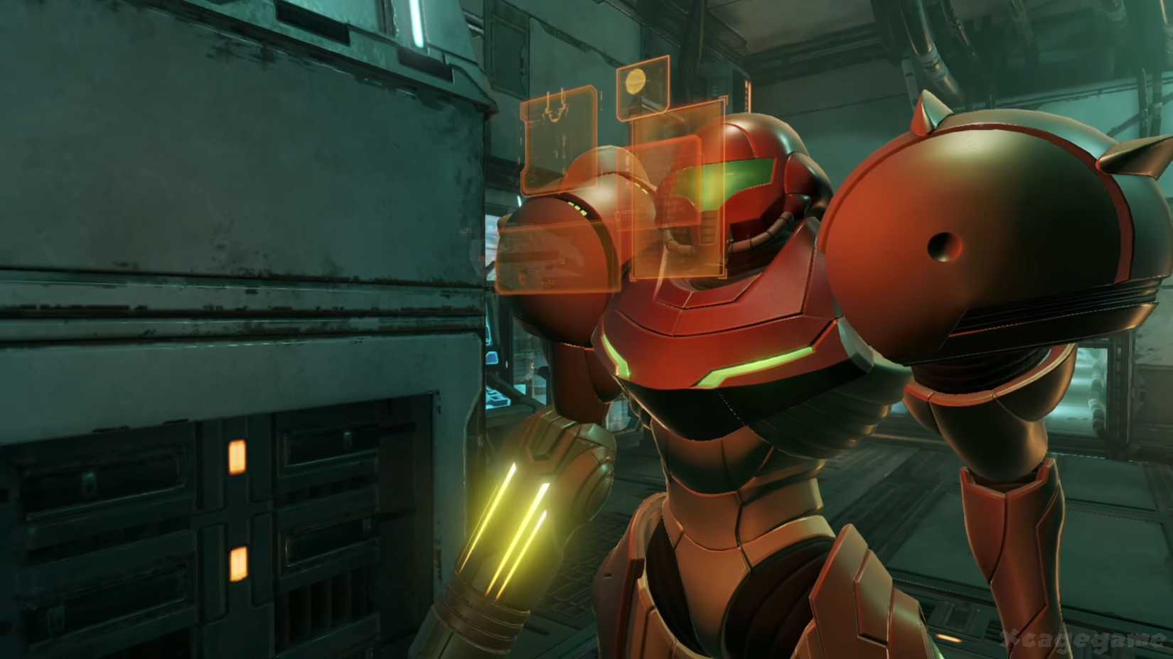 A Metroid Prime Remastered screenshot featuring Samus.