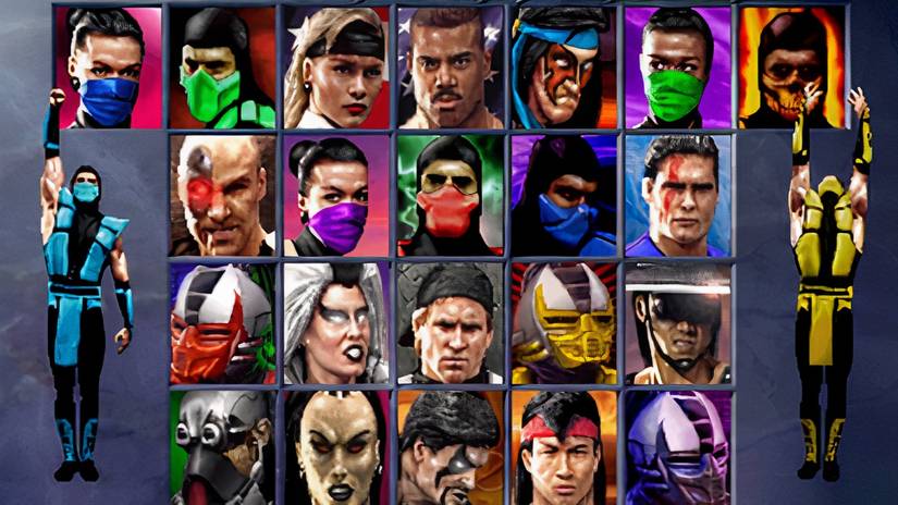 The complete roster of Ultimate Mortal Kombat 3 with Sub-Zero and Scorpion