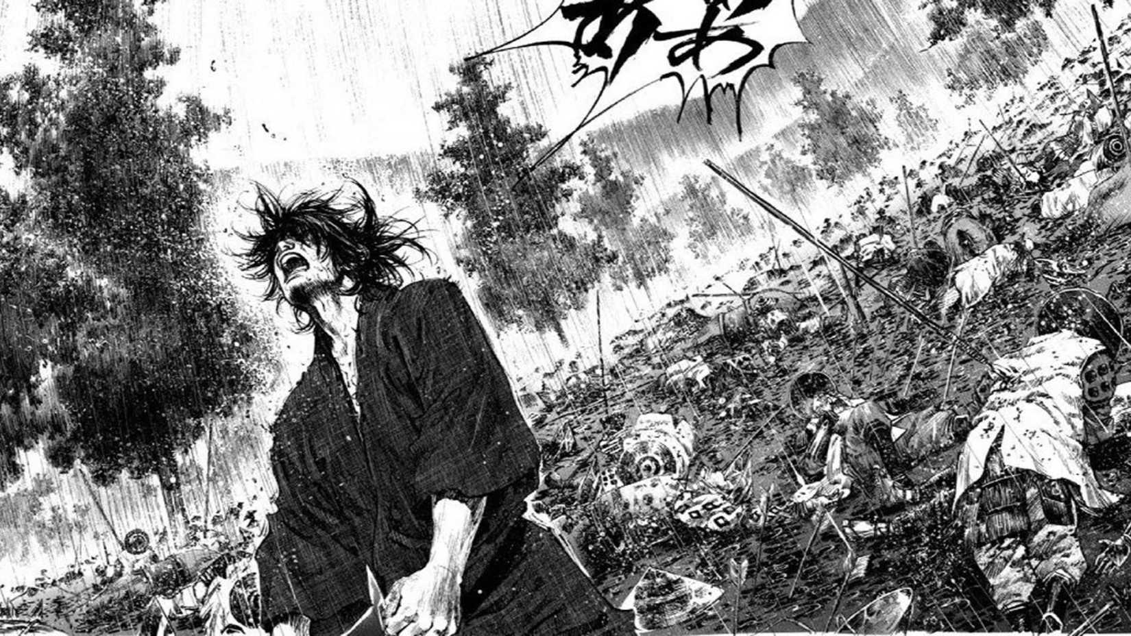 Musashi yells in a battlefield full of corpses in the Vagabond manga.