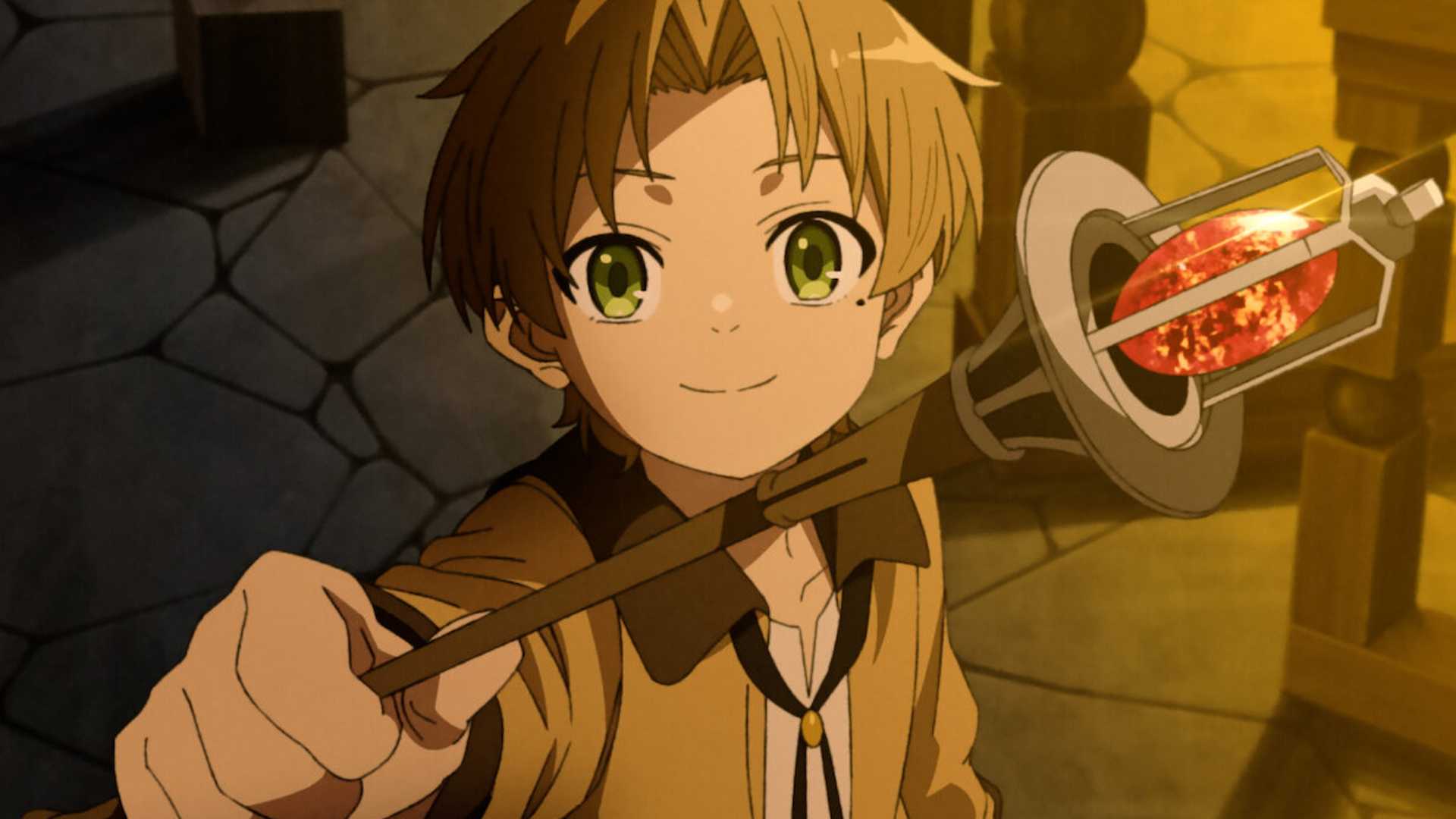 Young Rudeus Greyrat cheerfully holds out a wand in Mushoku Tensei: Jobless Reincarnation.