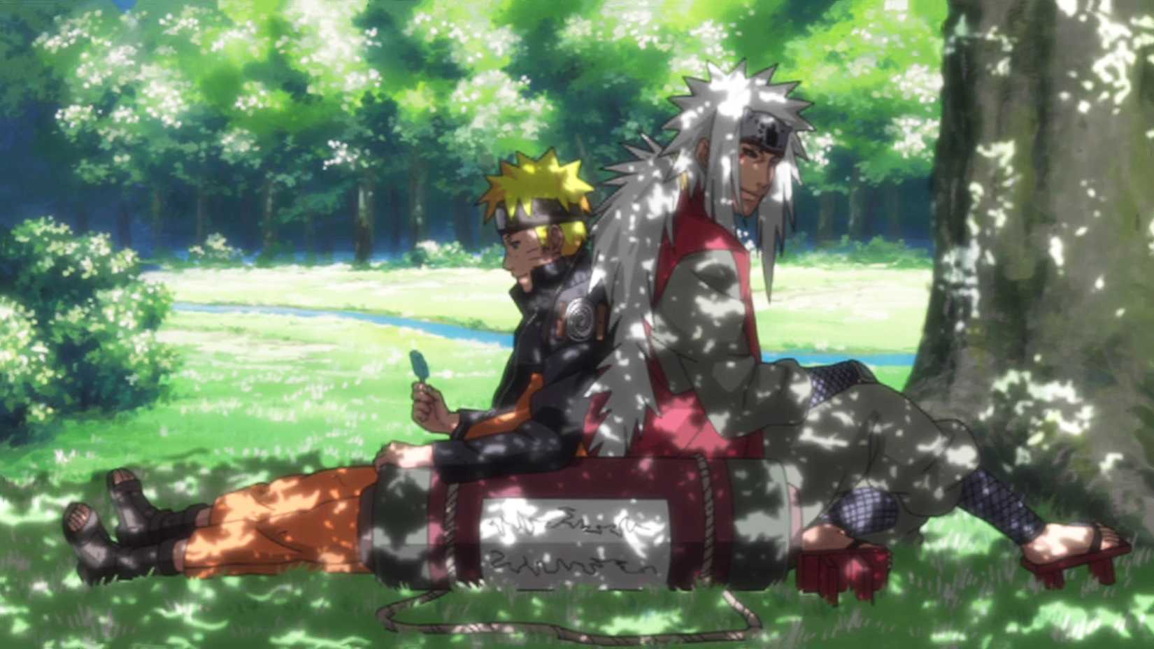 Naruto and Jiraiya sitting under the tree in the shade