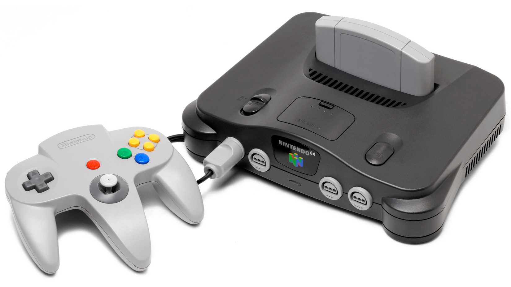 A photo of a Nintendo 64 console and controller
