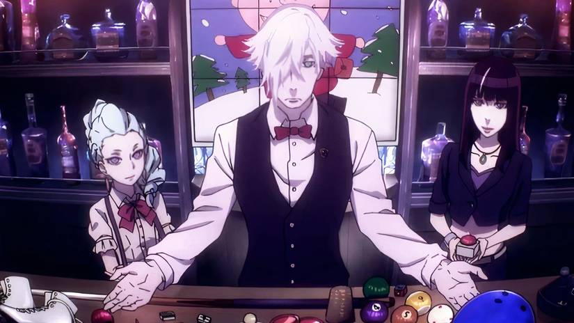 Nona, Decim and Chiyuki at the Quindecim bar in Death Parade.