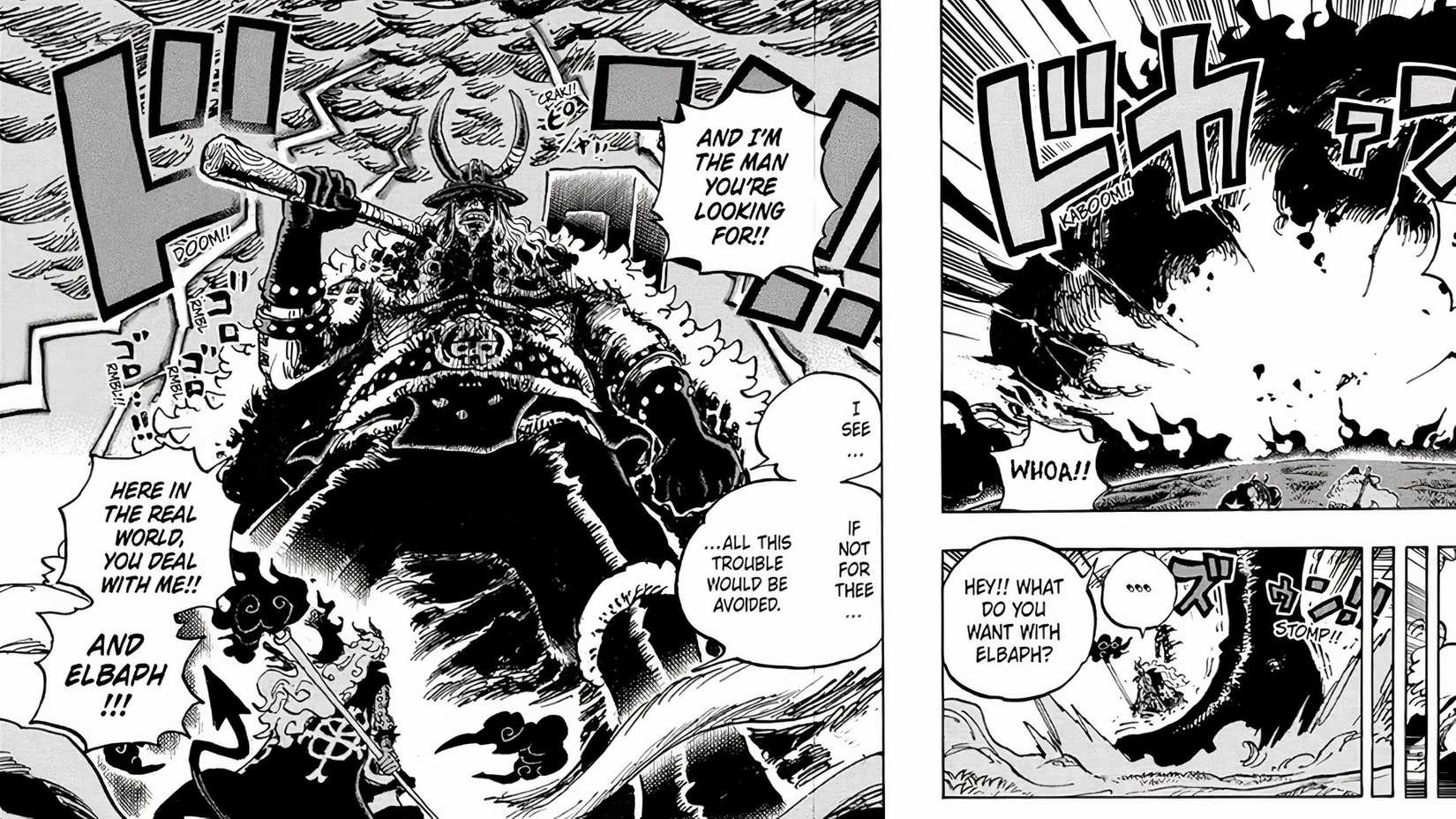One Piece Chapitre 1180, dernière page, Loki le Géant regardant Imu à ses pieds