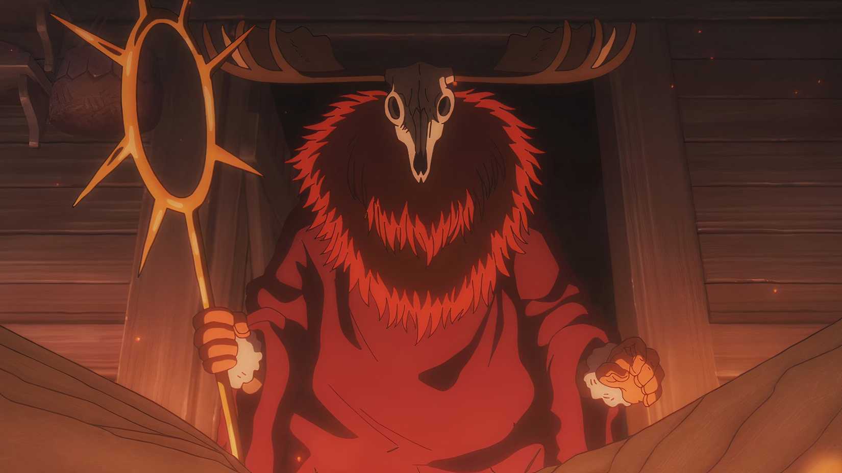 One Piece Episode 1158 Elbaph Sun God Giant wearing a deer skull mask and holding a staff