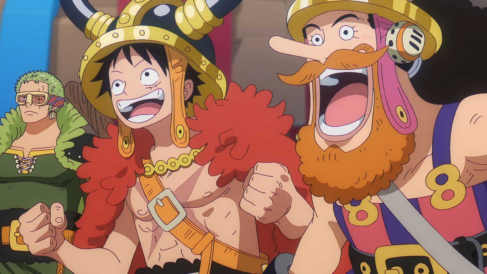 One Piece Episode 1158 Zoro stands by smiling Luffy and Usopp wearing Elbaph clothes