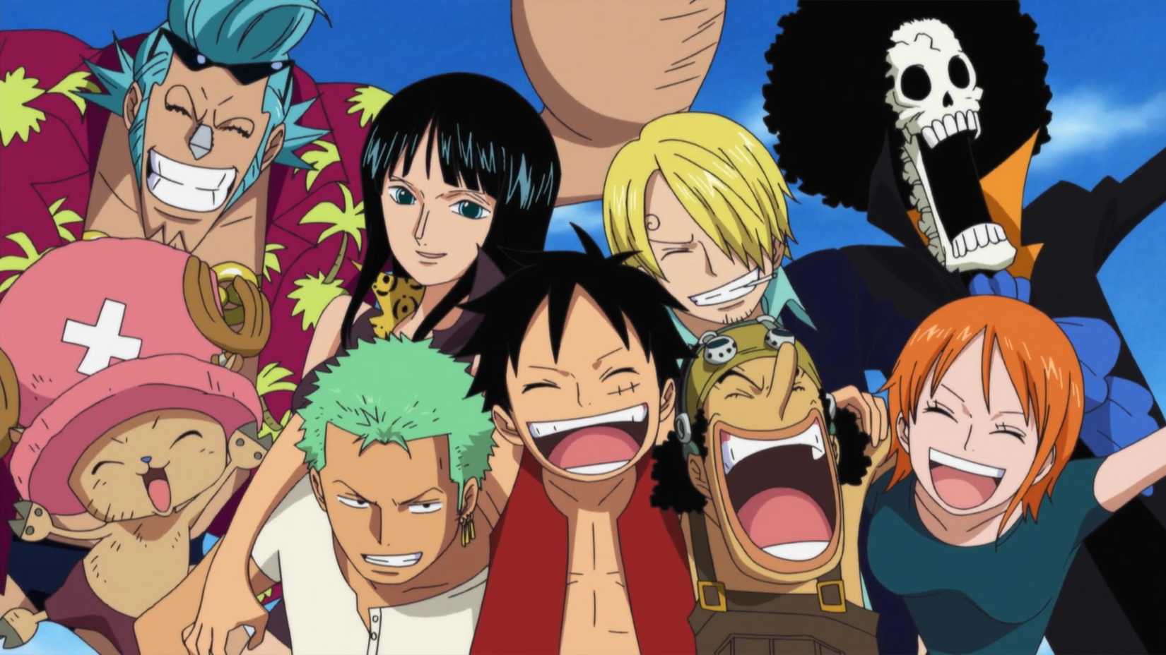 Luffy avec ses bras autour de Zoro, Usopp et Nami avec le reste des Pirates du Chapeau de Paille derrière lui dans One Piece
