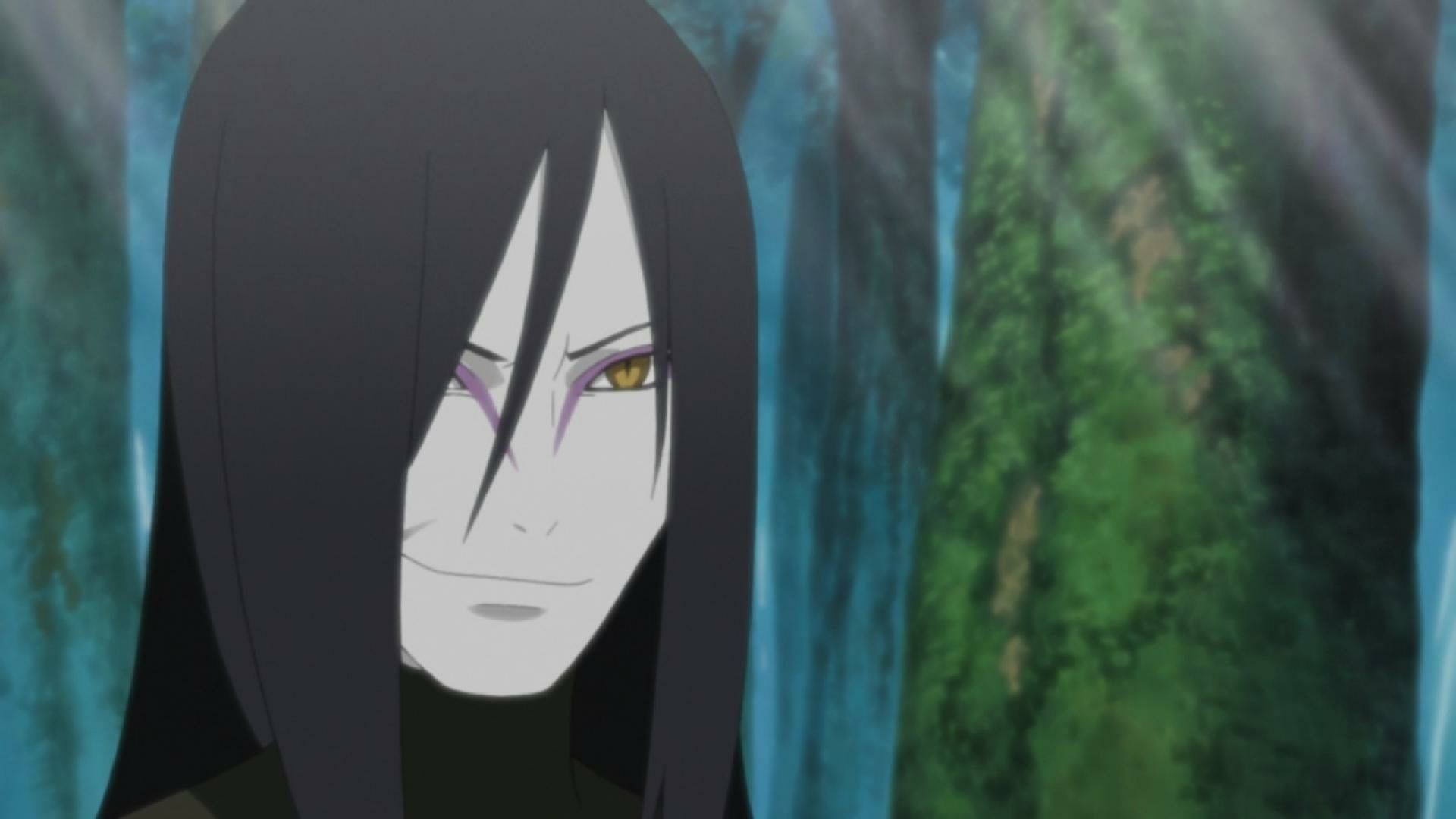 Orochimaru smirks while standing in a forest in Naruto