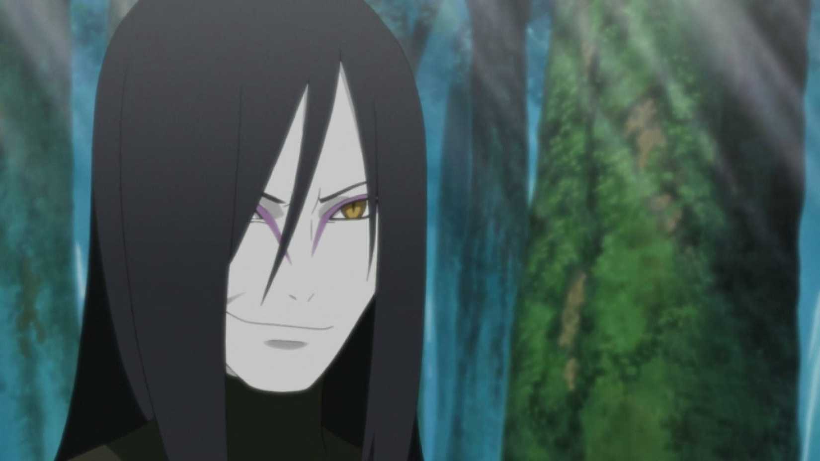 Orochimaru smirks while standing in a forest in Naruto