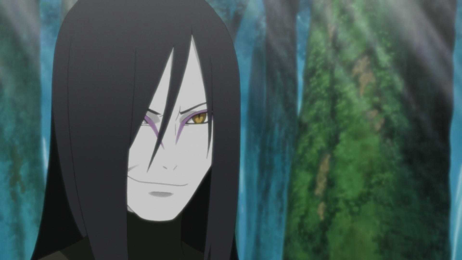 Orochimaru smirks while standing in a forest in Naruto