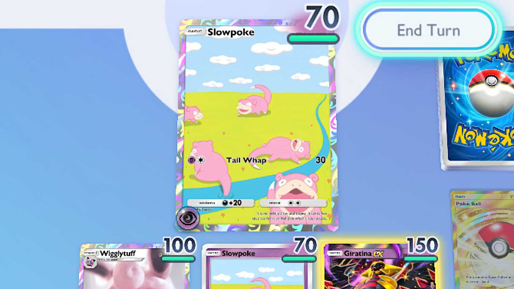 Tangkapan layar Saku Permainan Kartu Perdagangan Pokémon yang menunjukkan kartu Slowpoke dalam pertempuran