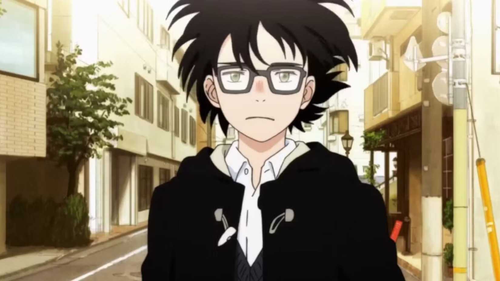 Rei Kiriyama stands in the road in the March Comes In Like A Lion anime.
