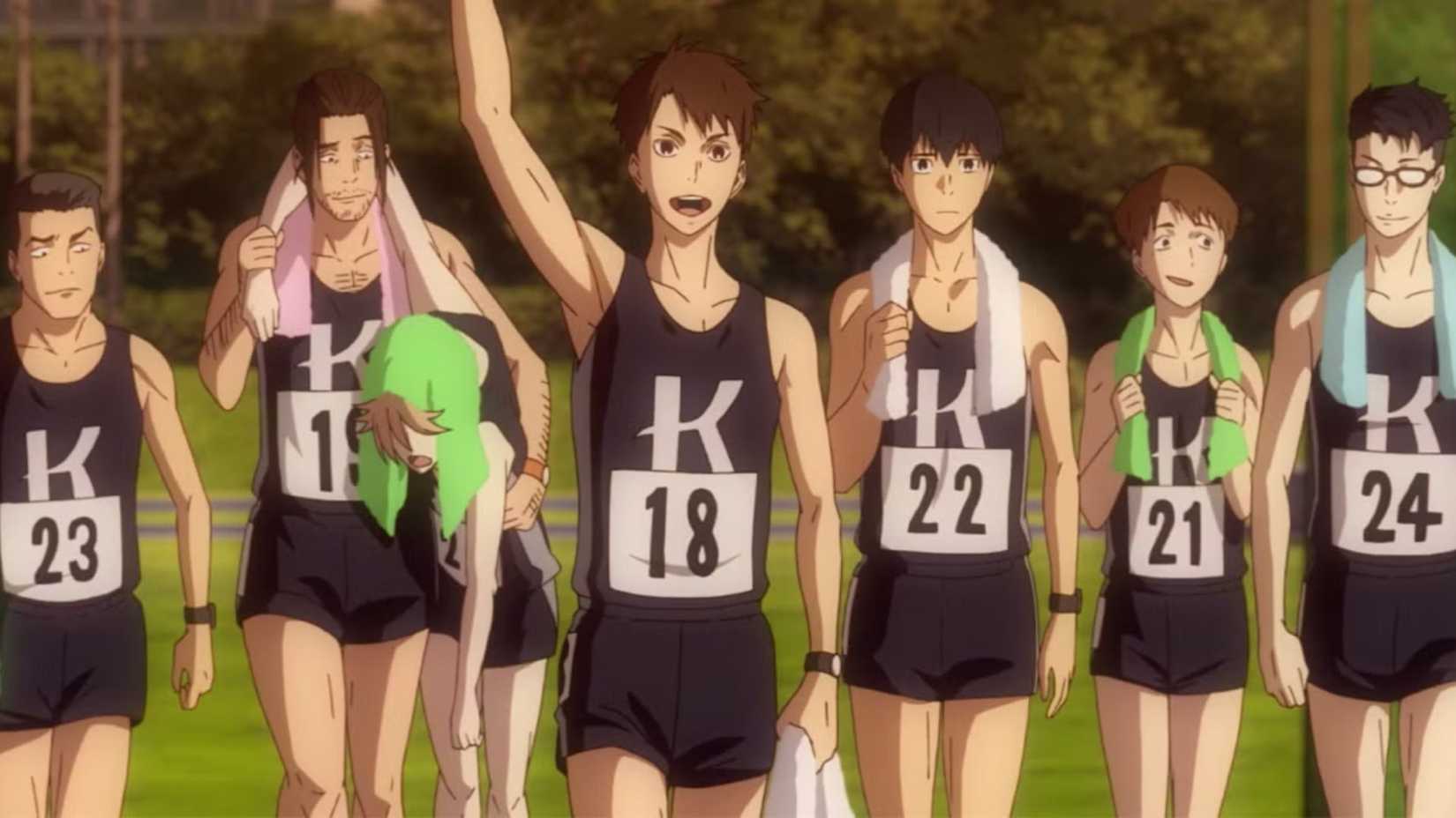 The Run with the Wind cast after a race with Haiji Kiyose in the middle waving.
