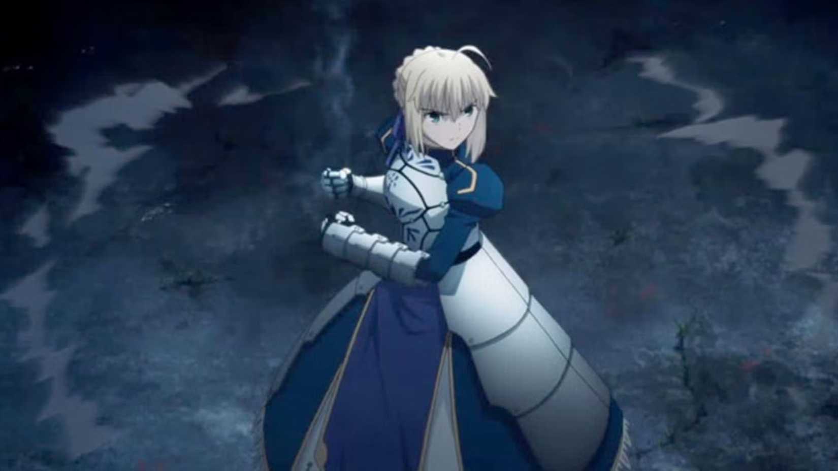Saber posing with a sword in Fate/Stay Night anime.