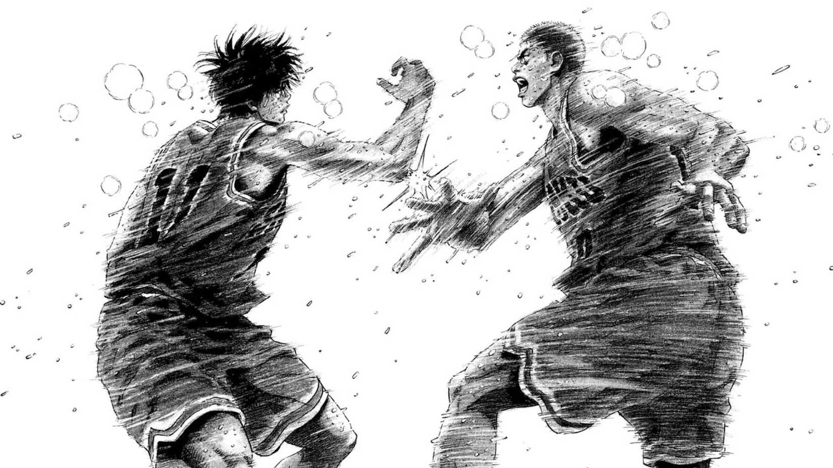 Sakuragi and Rukawa in the midst of an intense basketball match in Slam Dunk
