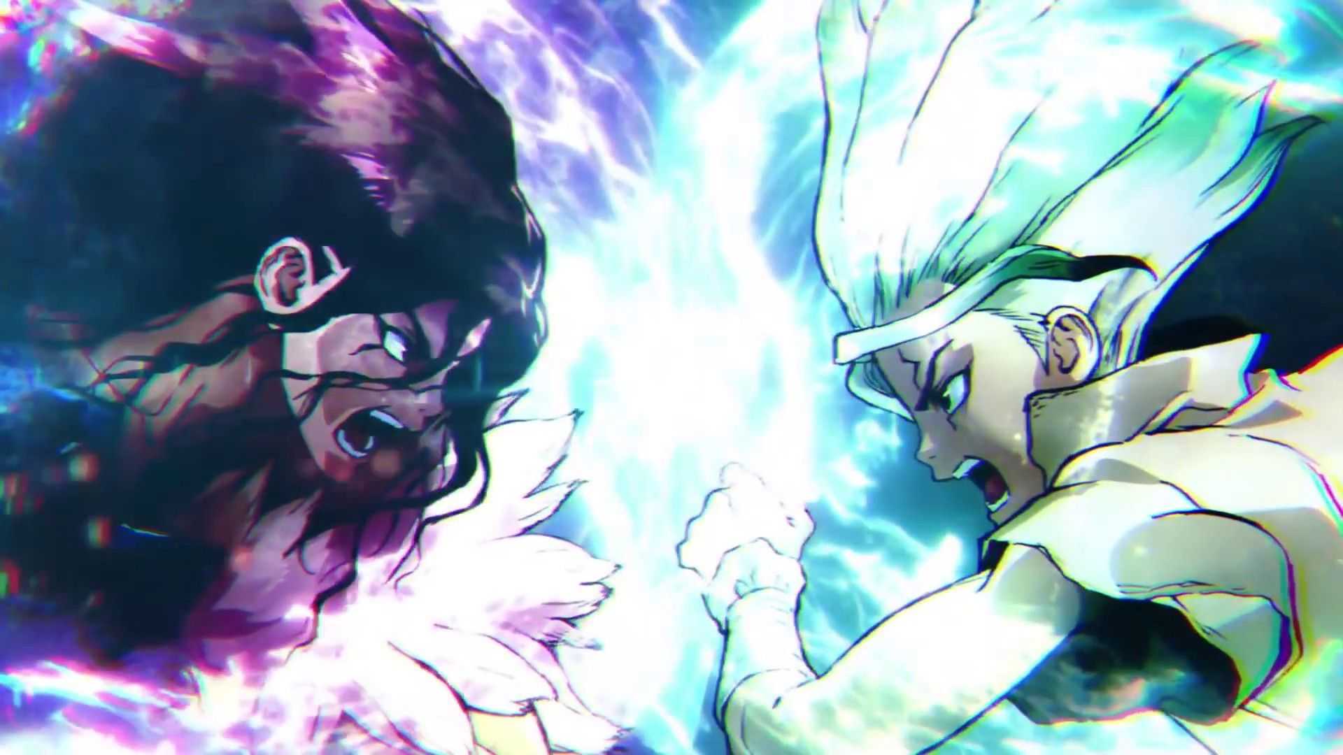 Senku and Tsukasa fight each other in Dr. Stone's Stone Wars arc.