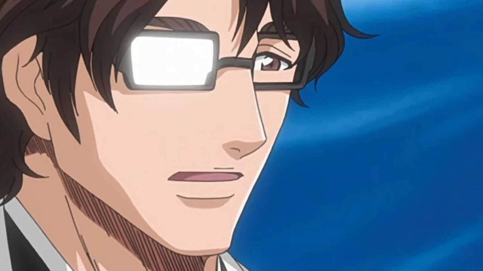 Sosuke Aizen is speaking, with one glass pane glinting in Bleach.