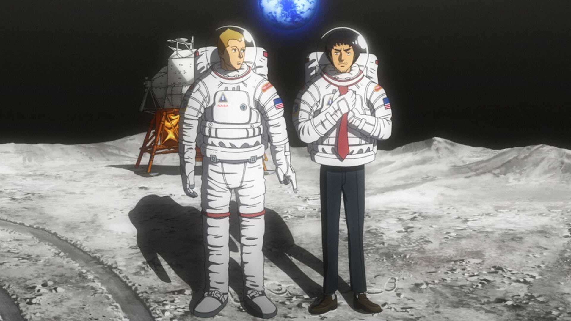Mutta and Hibito standing on the Moon with Earth in the background in Space Brothers.